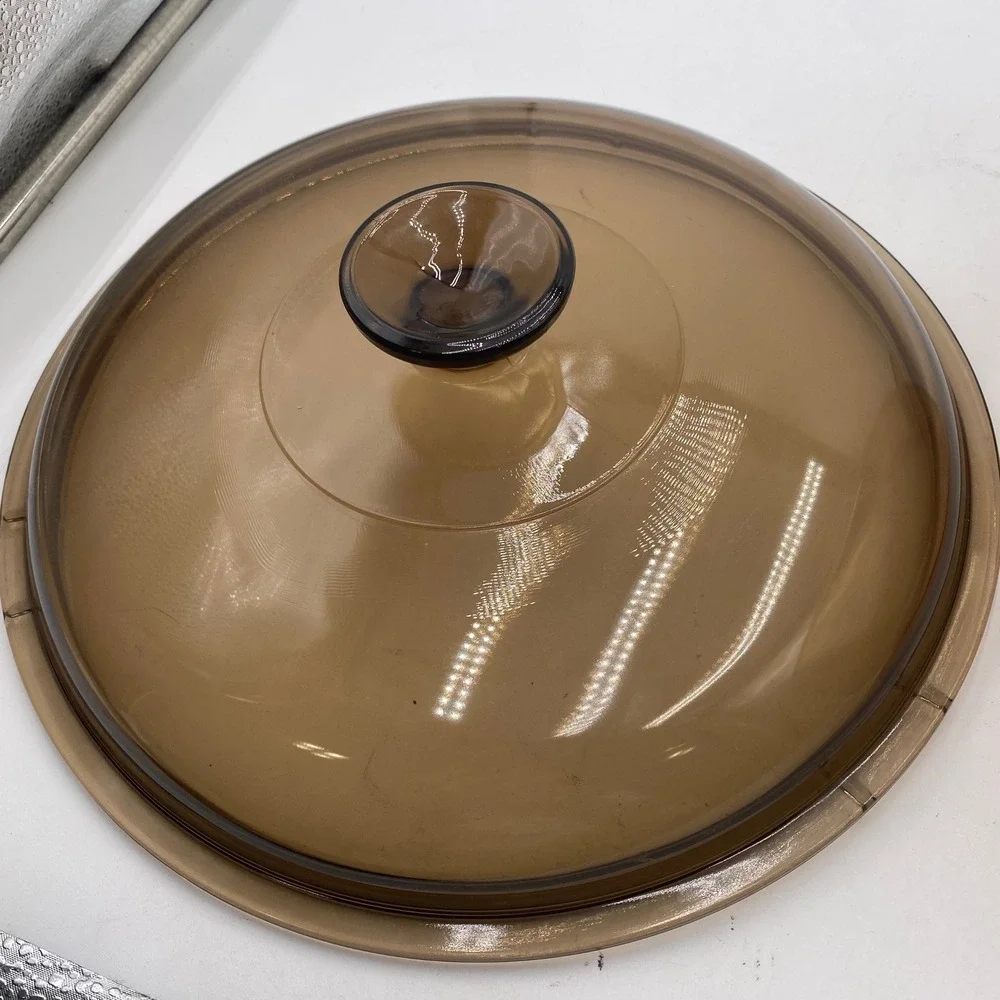 Corning Vision Amber Glass 4.5L Dutch Oven Stock Pot Pyrex Lid USA Vintage Brown